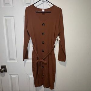 No Boundaries NOBO brown long sleeve button down tie front dress ribbed 3x NWT